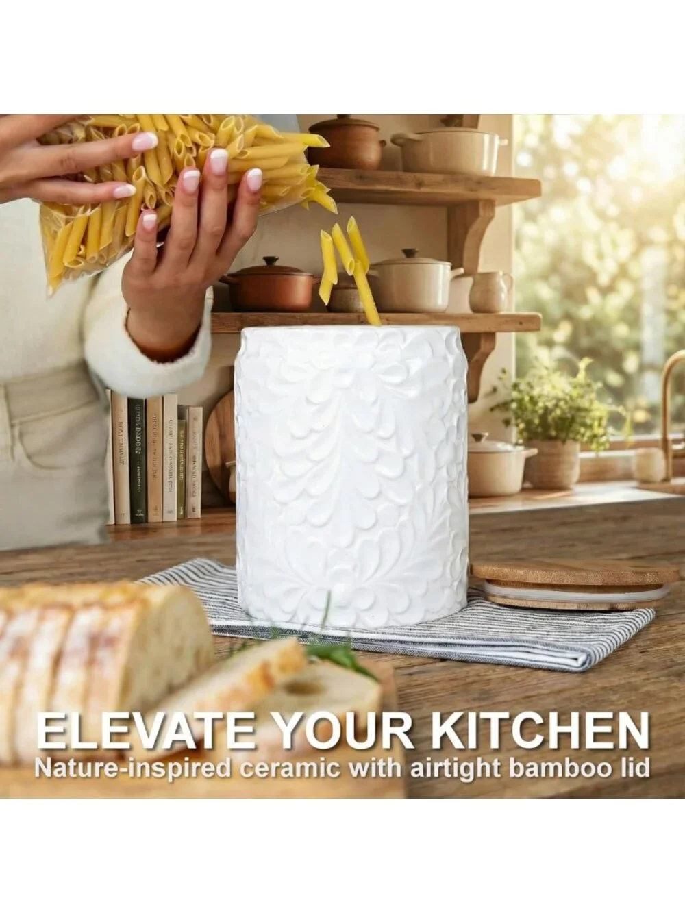 XXL 94 Oz Engraved Ceramic Kitchen Canister with Airtight Bamboo Lid - Versatile